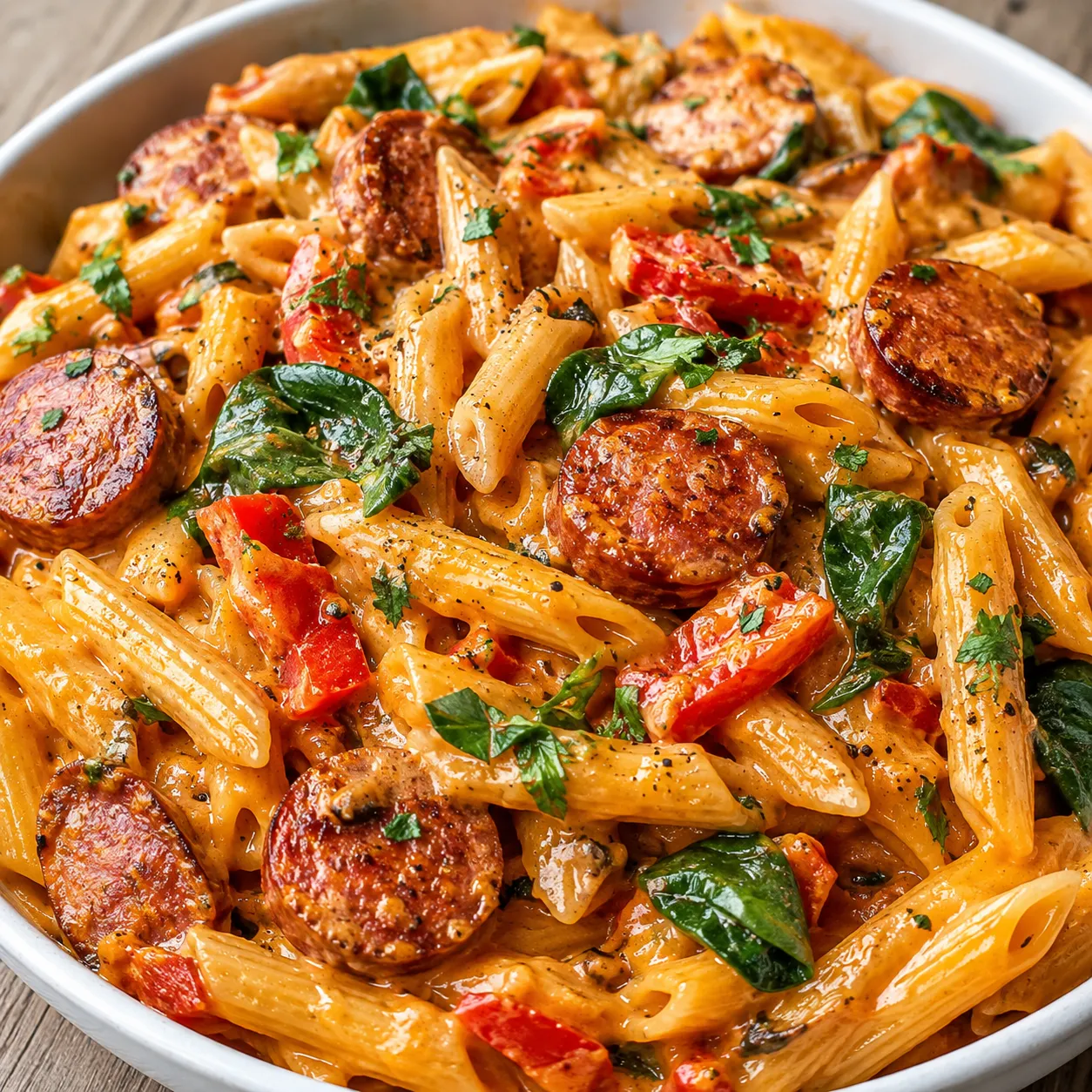 Creamy smoked sausage pasta with penne, spinach, and parsley