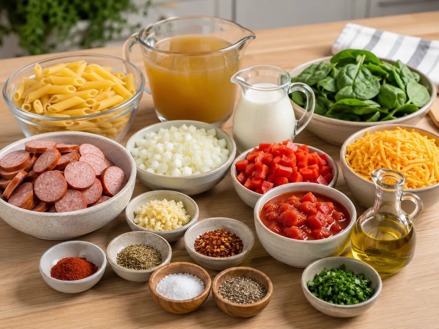 Ingredients for creamy smoked sausage pasta on a wood surface