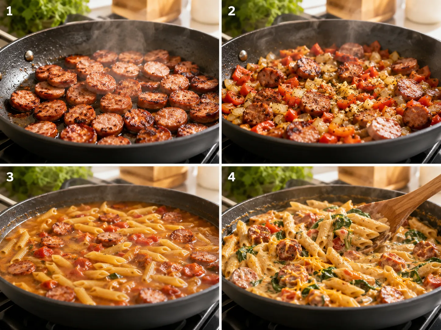 Four steps for making creamy smoked sausage pasta in one skillet