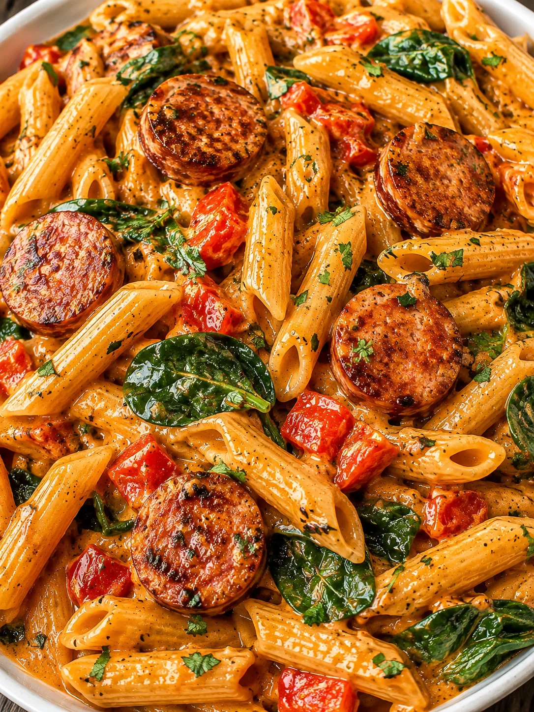Creamy smoked sausage pasta with browned sausage and spinach