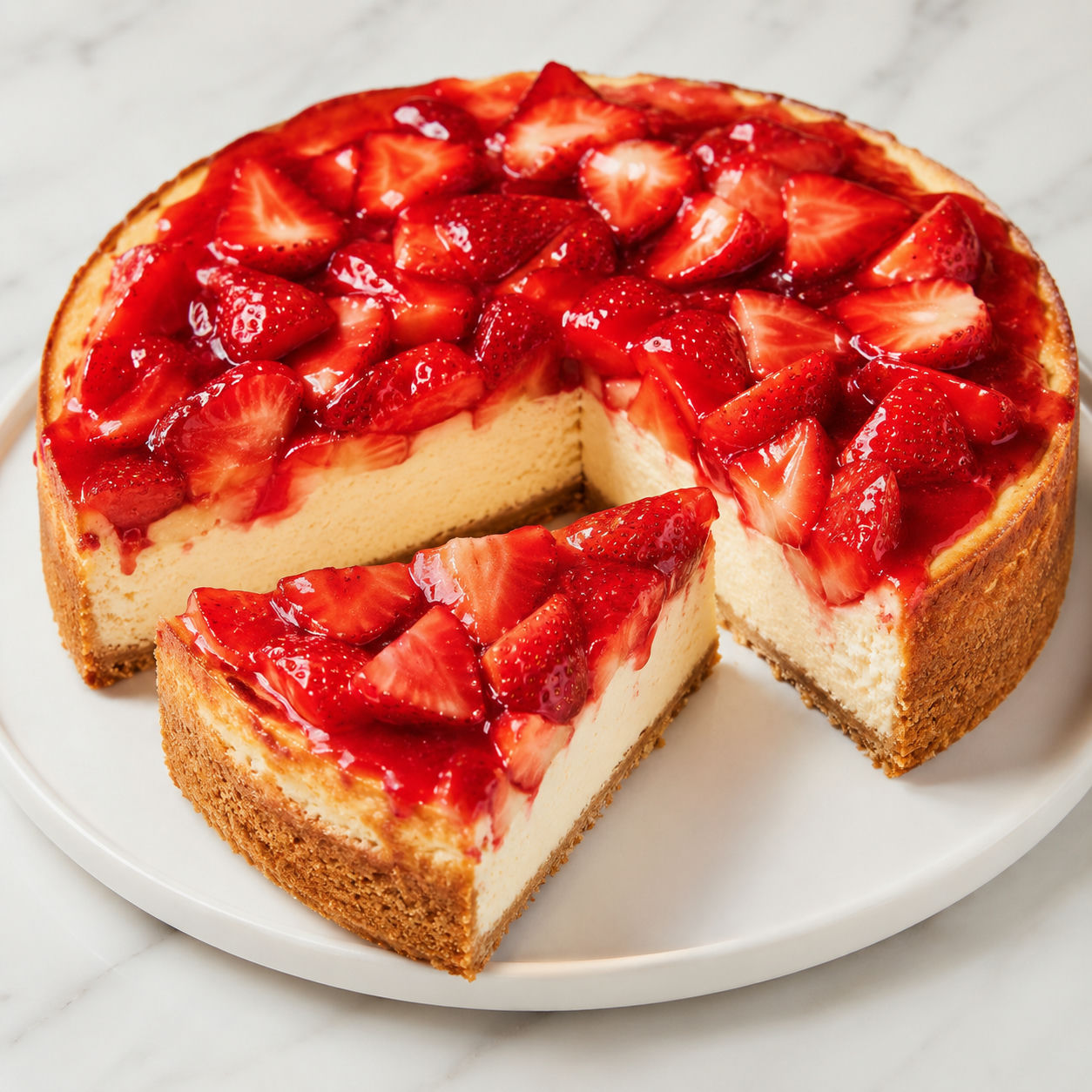 Creamy strawberry cheesecake with glossy fresh berries and graham crust