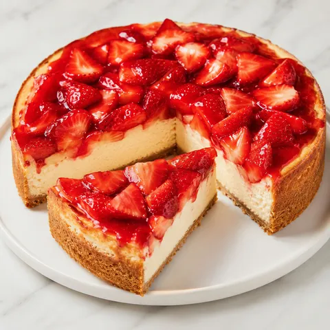 Creamy strawberry cheesecake with glossy fresh berries and graham crust
