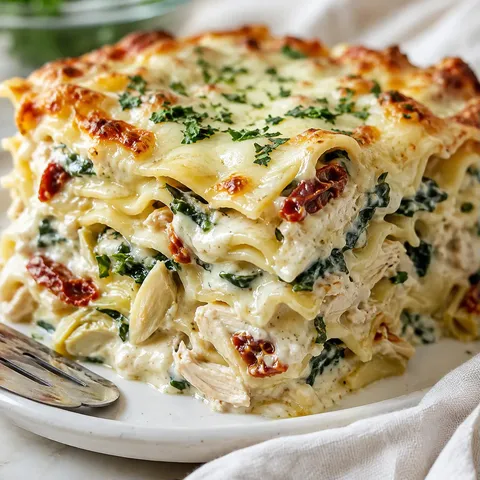 Creamy white chicken lasagna slice with spinach and golden mozzarella