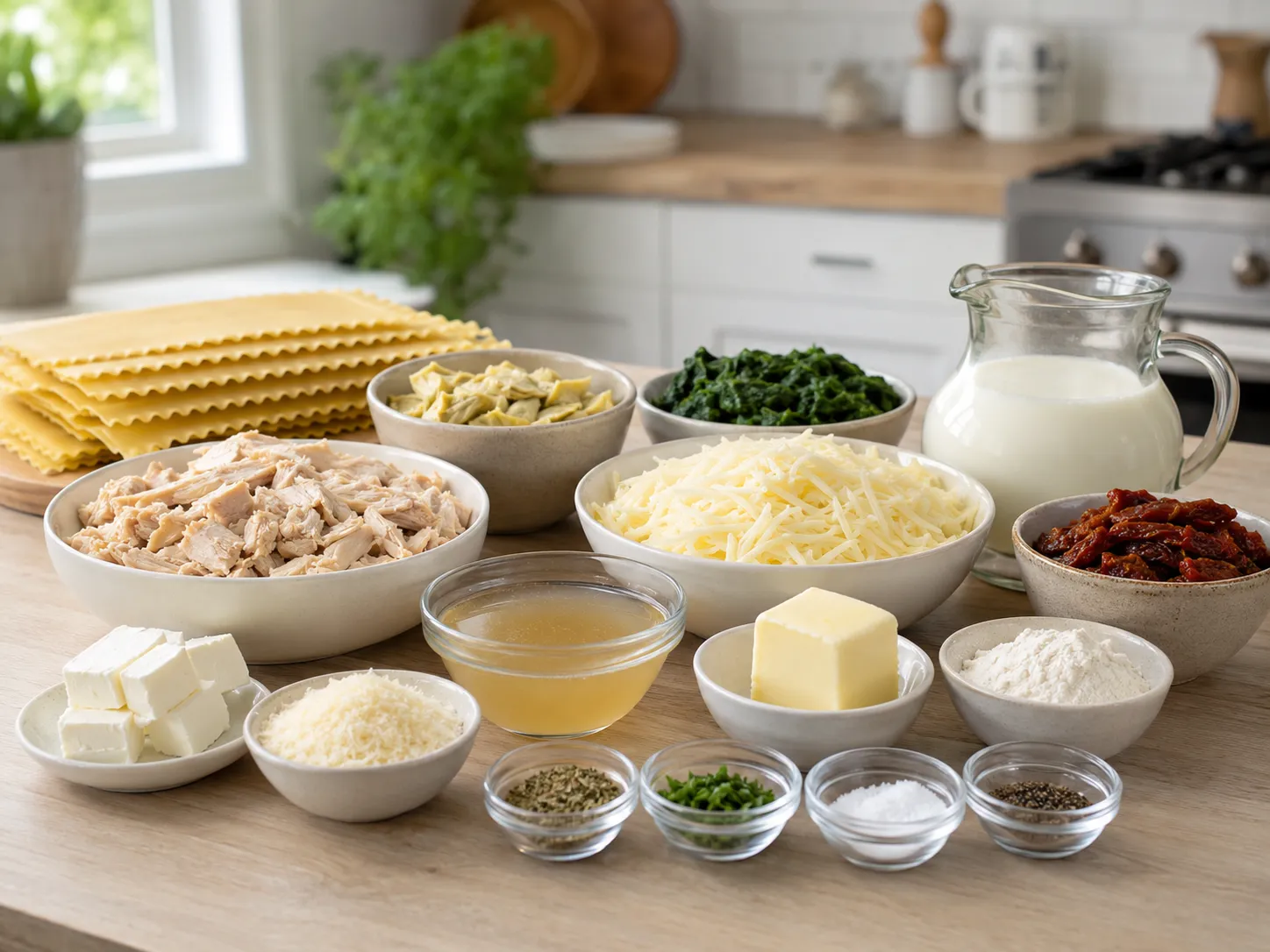 Ingredients for creamy white chicken lasagna with chicken and spinach