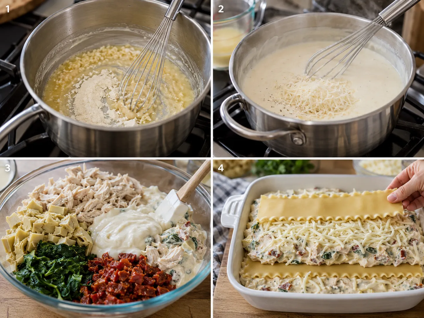 Steps for making creamy white chicken lasagna in a baking dish