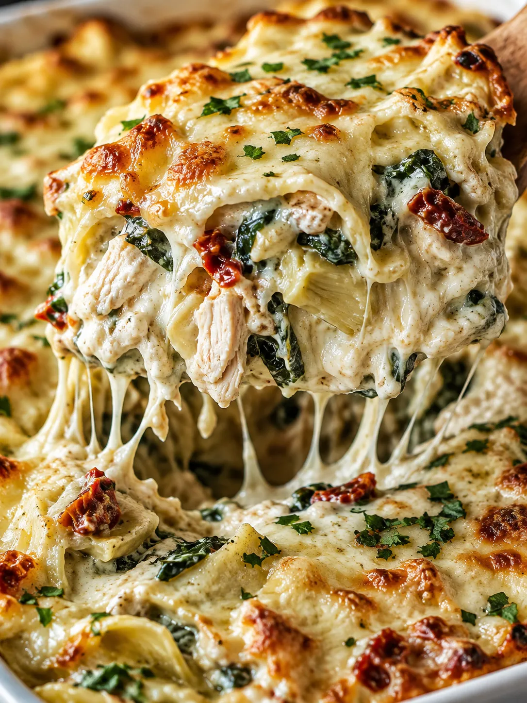 Creamy white chicken lasagna slice lifted from a bubbling pan