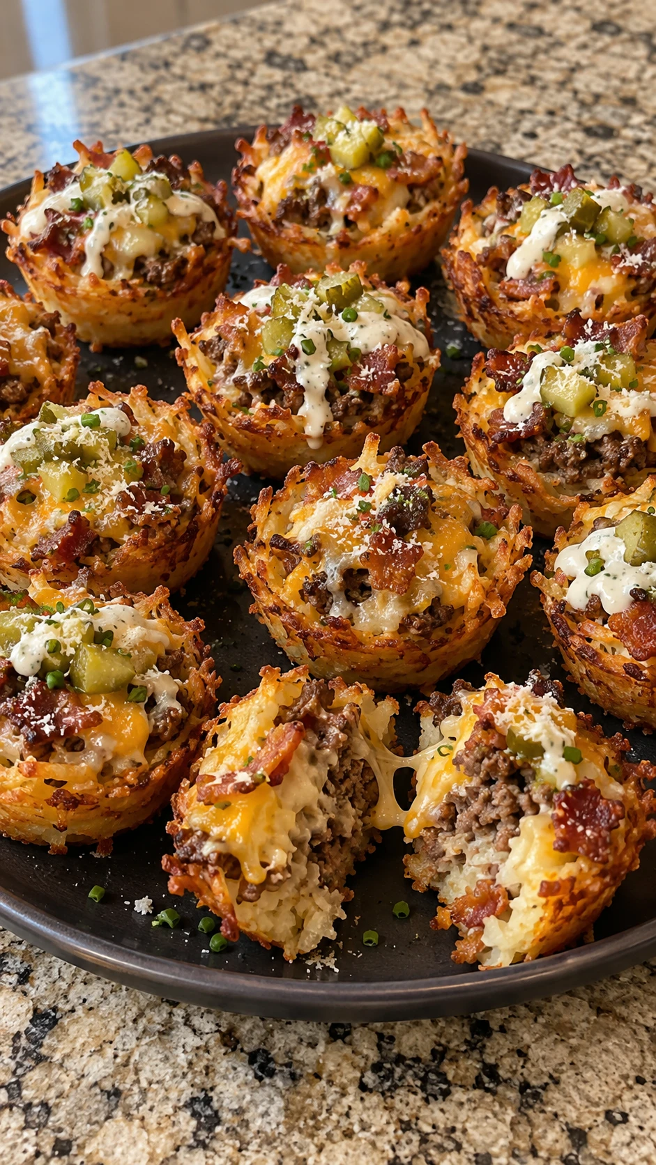 Crisp shredded-potato cups with beef, bacon, cheese, dill pickles and ranch on a dark platter