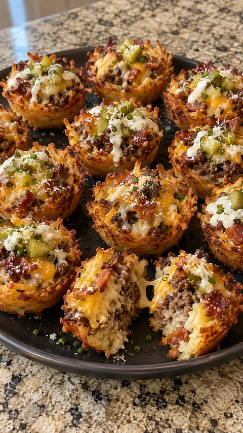 Crisp shredded-potato cups with beef, bacon, cheese, dill pickles and ranch on a dark platter
