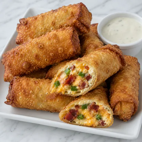 Bacon jalapeño popper eggrolls with creamy cheese filling and ranch