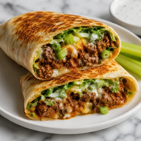 Crispy buffalo beef wrap with melted cheese, lettuce, celery, and ranch