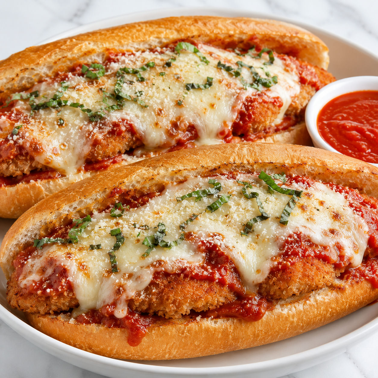 Crispy Chicken Parmesan Heroes with marinara, melted cheese, and basil