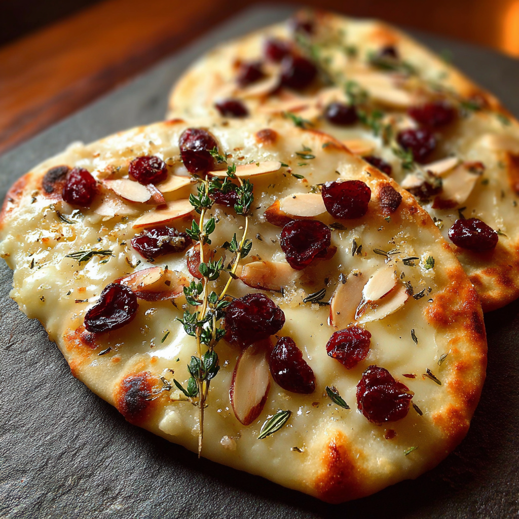 Crispy Flatbread with Brie, Cranberries and Toasted Almonds