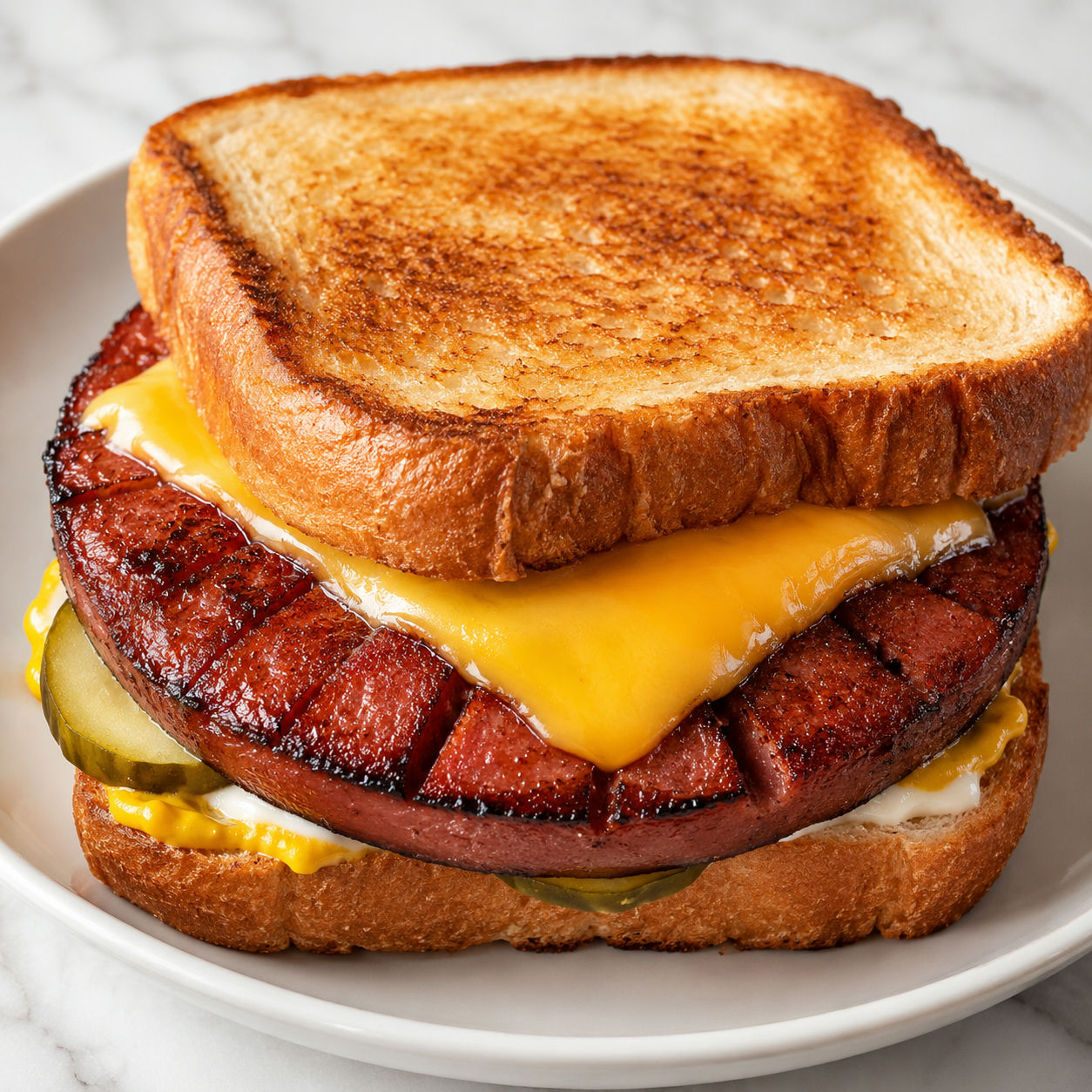 Fried bologna sandwich with melted American cheese and pickle chips on toasted white bread