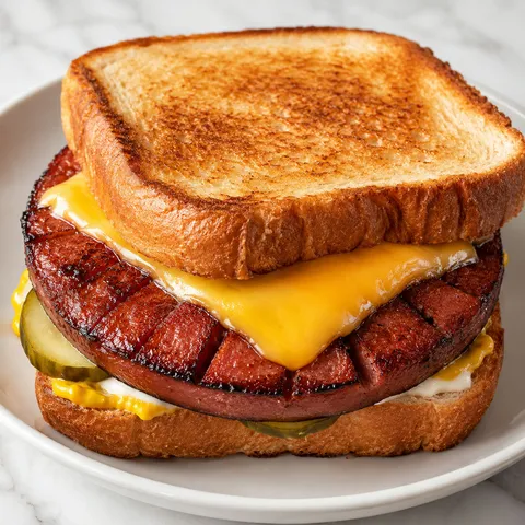 Fried bologna sandwich with melted American cheese and pickle chips on toasted white bread