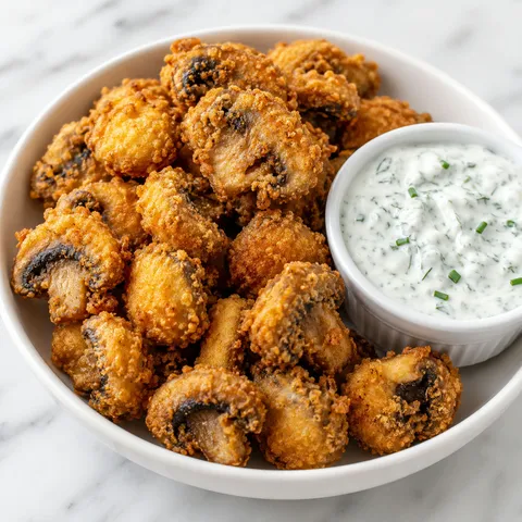 Crispy fried mushrooms with cool ranch dip and herbs
