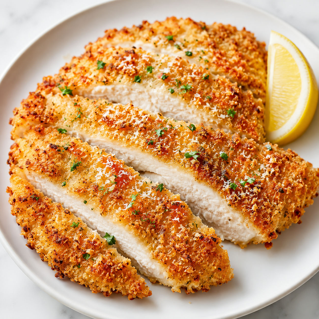 Crispy garlic Parmesan oven chicken with parsley and lemon on a white plate