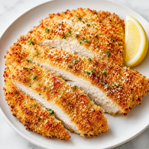 Crispy garlic Parmesan oven chicken with parsley and lemon on a white plate