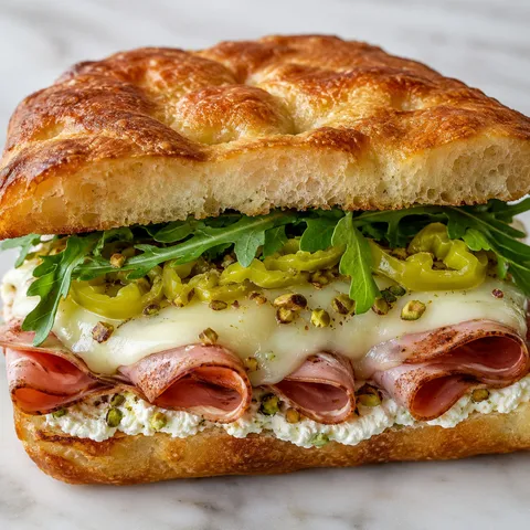 Crispy mortadella sandwich on focaccia with provolone and arugula