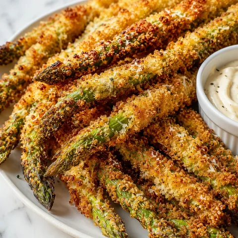 Crispy Parmesan asparagus sticks on a white plate with garlic aioli