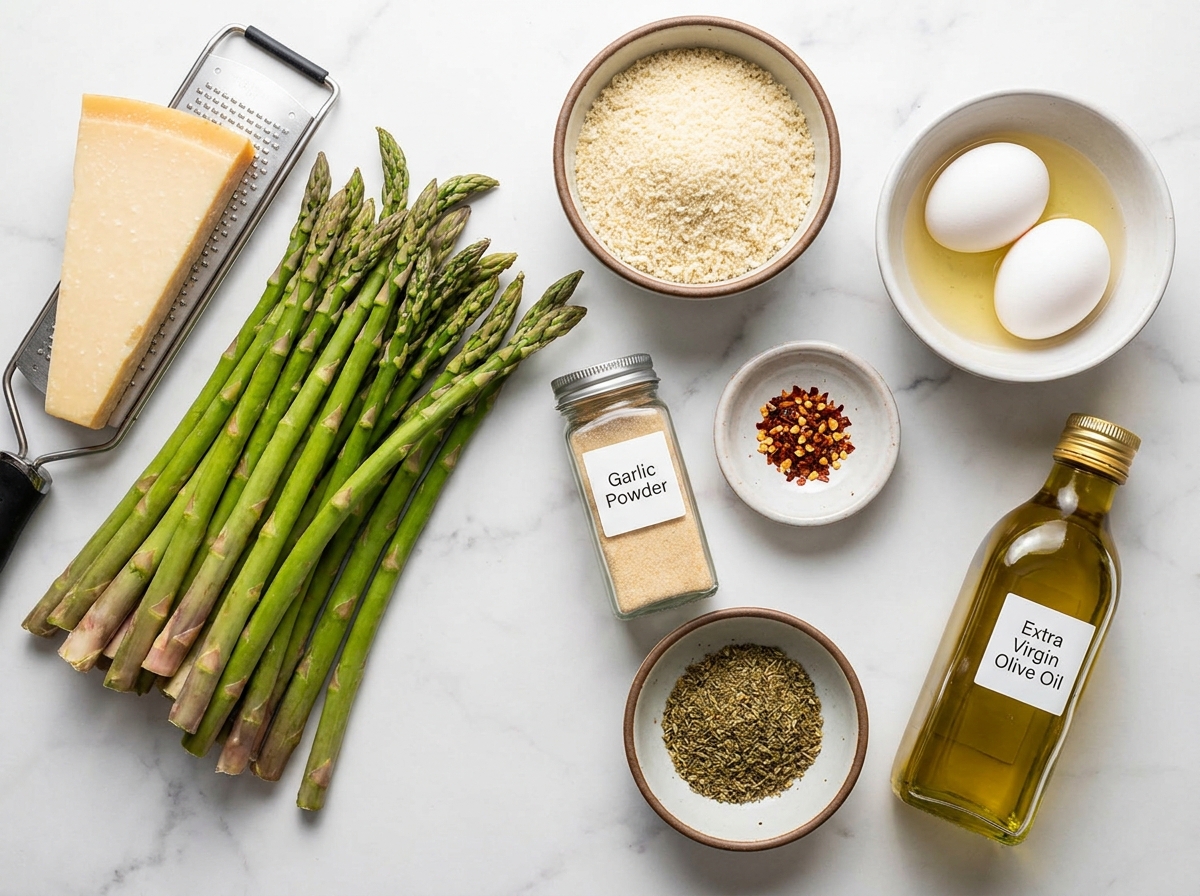 Raw ingredients for crispy Parmesan asparagus sticks on a marble surface