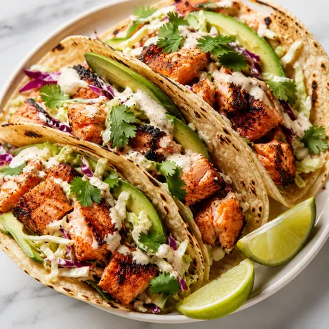 Crispy salmon tacos with lime slaw, avocado, cilantro, and lime wedges