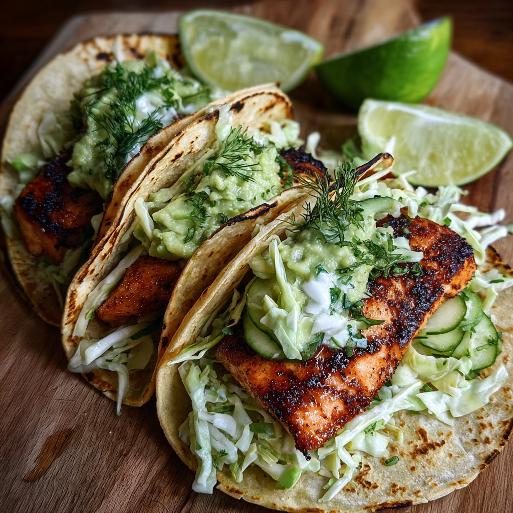 Crispy Salmon Tacos with Slaw and Avocado Mash