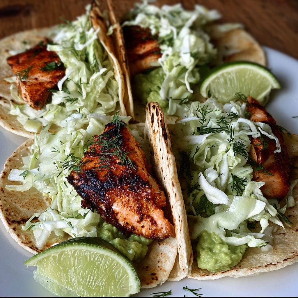 Crispy Salmon Tacos with Slaw and Avocado Mash