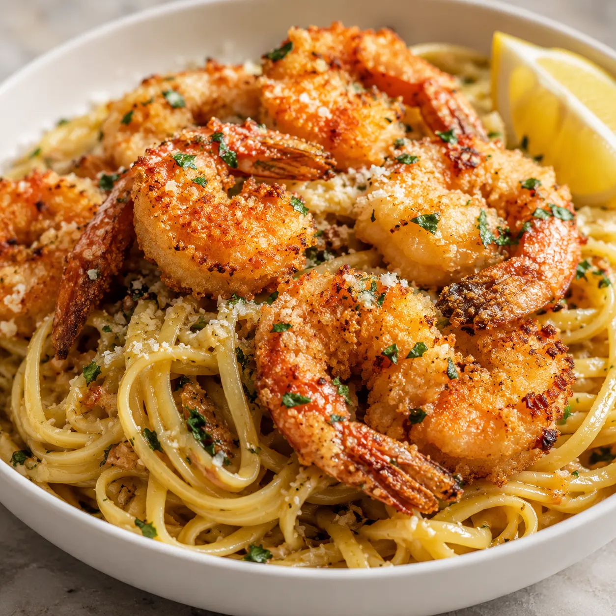 Crispy shrimp scampi linguine with parsley and lemon in a white bowl