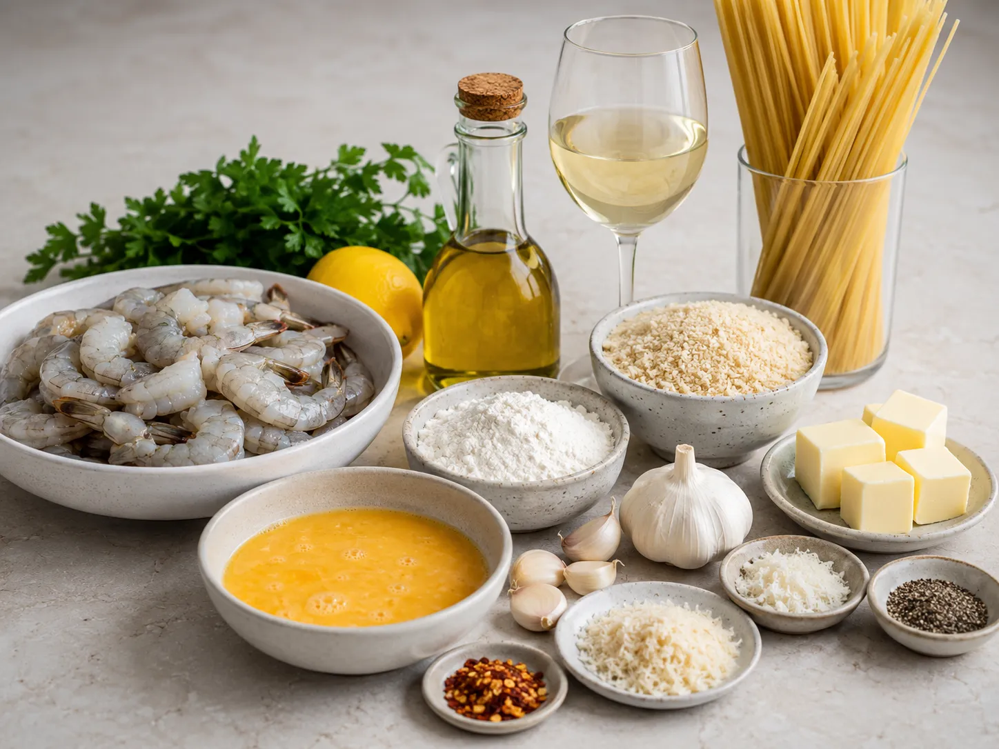 Raw ingredients for crispy shrimp scampi linguine on a pale counter