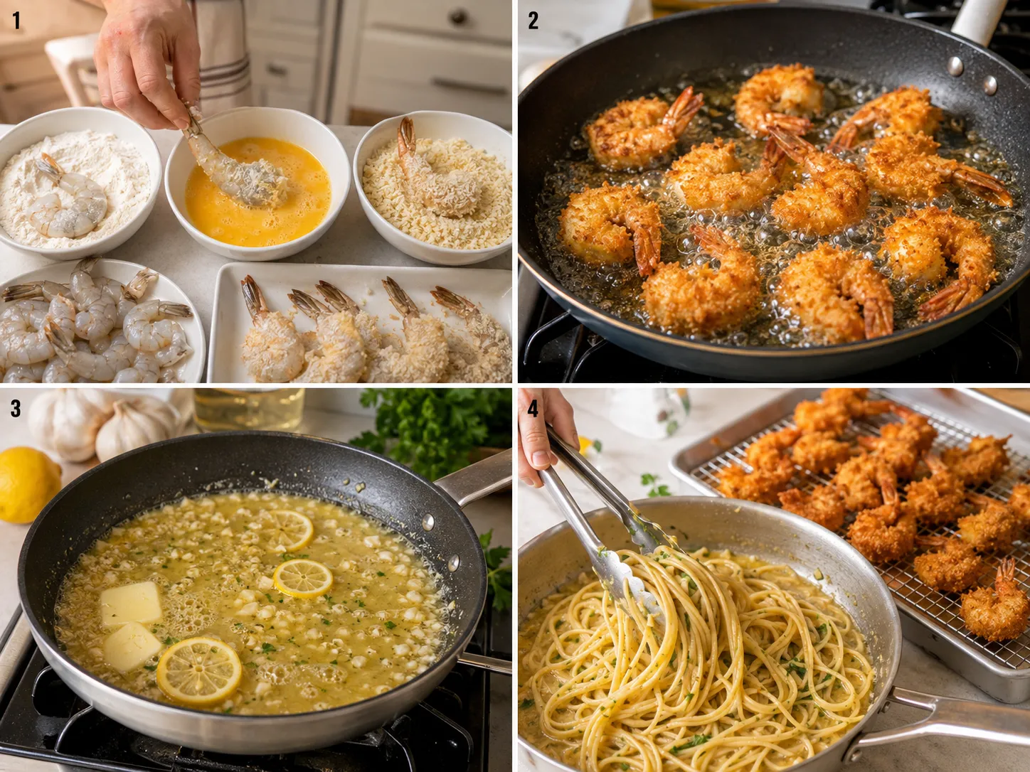 Four steps for breading shrimp, frying, making sauce, and tossing linguine