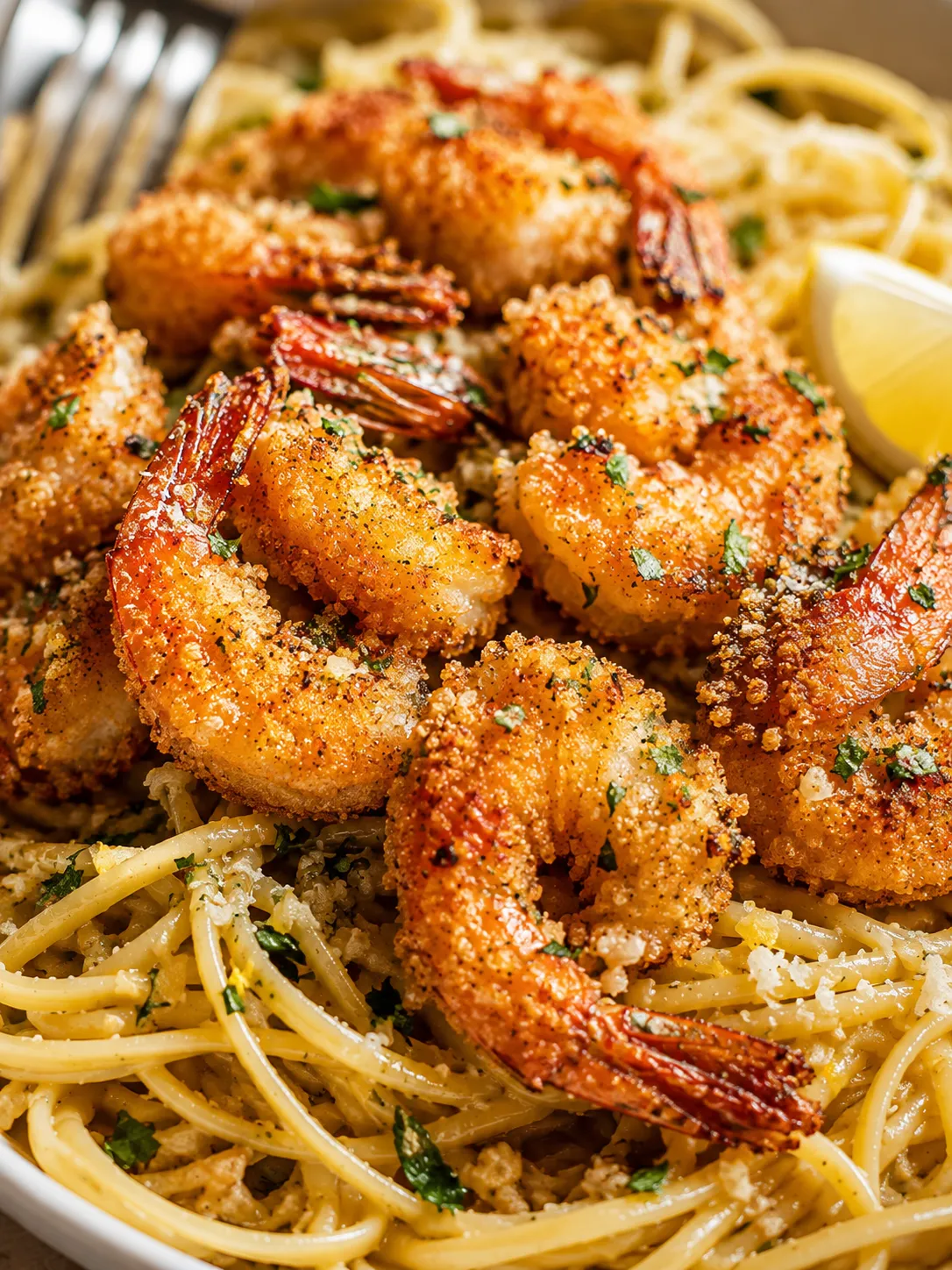 Golden crispy shrimp over glossy scampi linguine with parsley and lemon