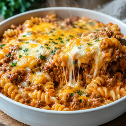 Cheesy beef pasta casserole with rotini and melted cheddar in a white bowl