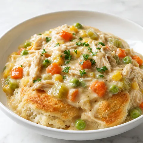 Crock Pot Chicken Pot Pie filling over a flaky biscuit with parsley