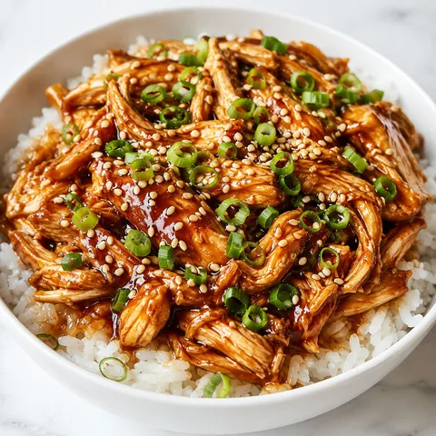 Shredded crock-pot chicken teriyaki over white rice in a white bowl with sesame seeds and green onions