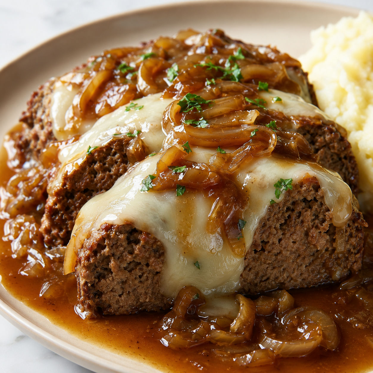 French onion meatloaf slices with melted Swiss cheese and onion gravy