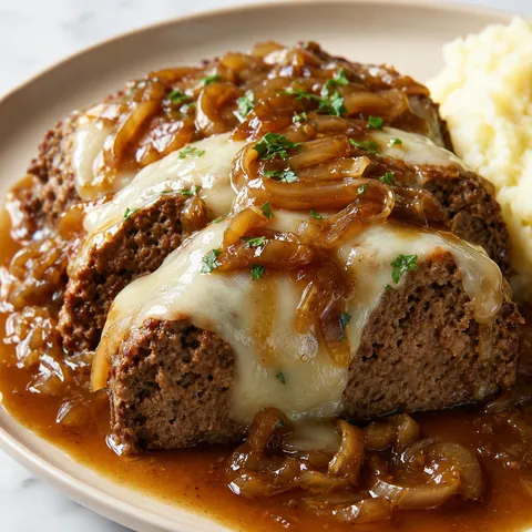 French onion meatloaf slices with melted Swiss cheese and onion gravy