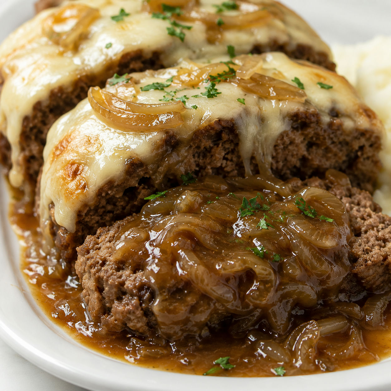 French onion meatloaf with melted Swiss cheese and onion gravy