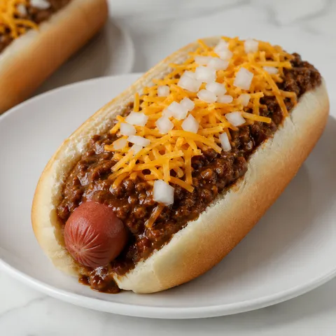 Hot dog in a soft bun topped with crockpot chili sauce, shredded cheddar, and diced onion