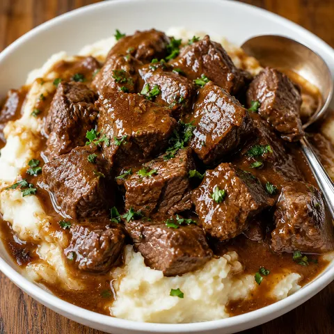 Crockpot steak bites in au jus gravy over mashed potatoes