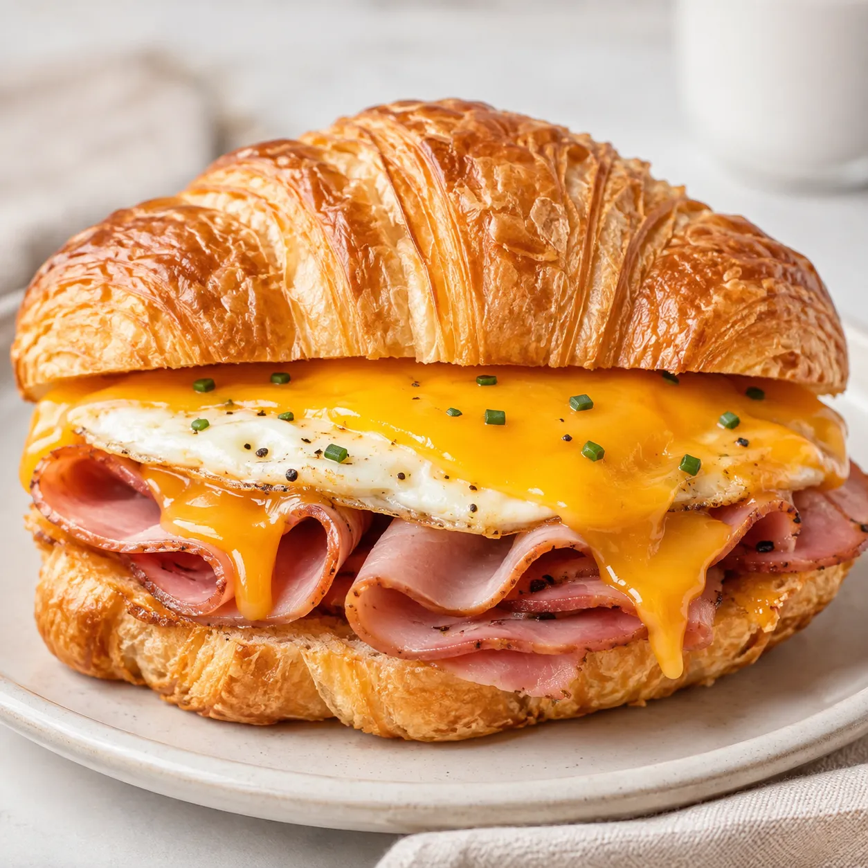 Croissant ham and egg sandwich with melted cheese and chives
