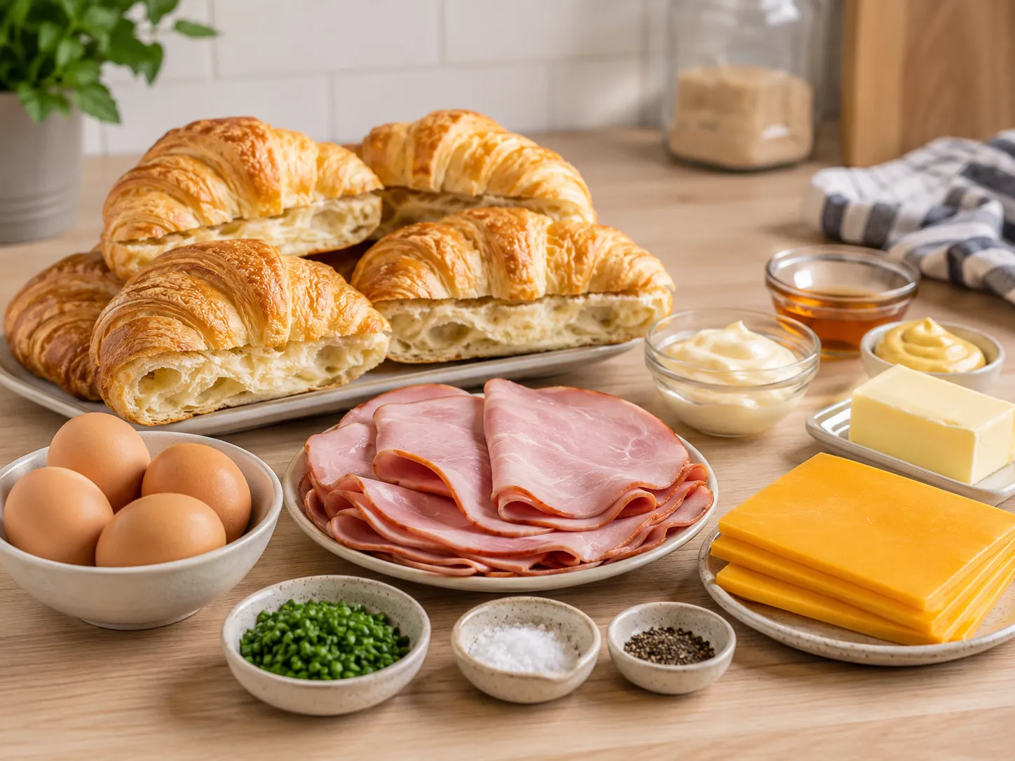 Ingredients for croissant ham and egg breakfast sandwiches