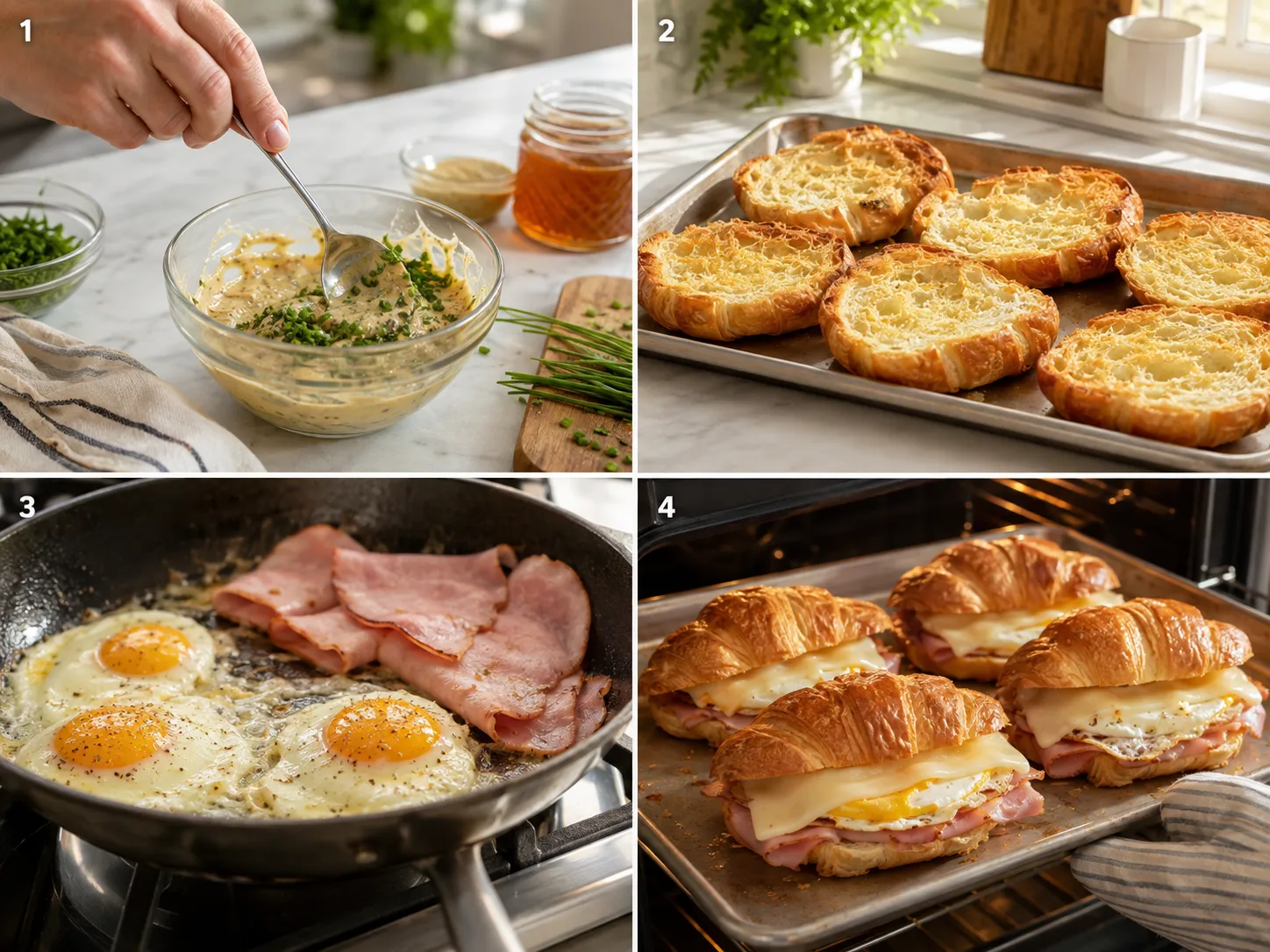 Four steps for making croissant ham and egg sandwiches