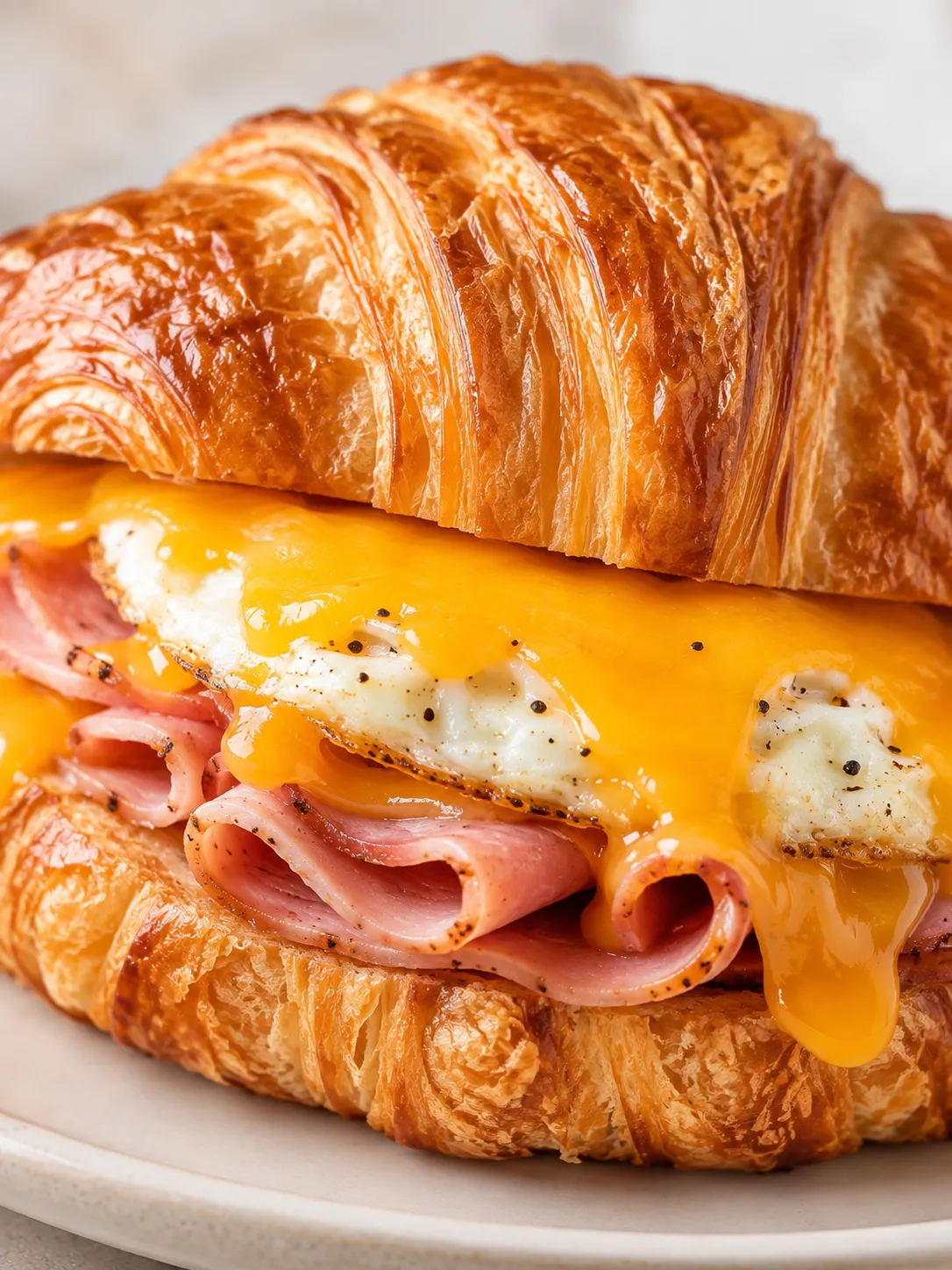 Flaky croissant breakfast sandwich with ham, egg, and cheese