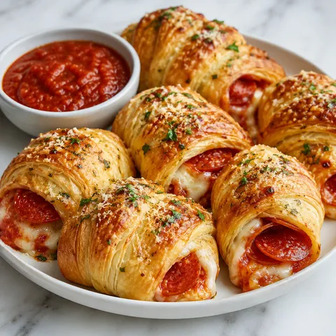 Croissant Pizza Rolls with melted mozzarella, pepperoni, and marinara