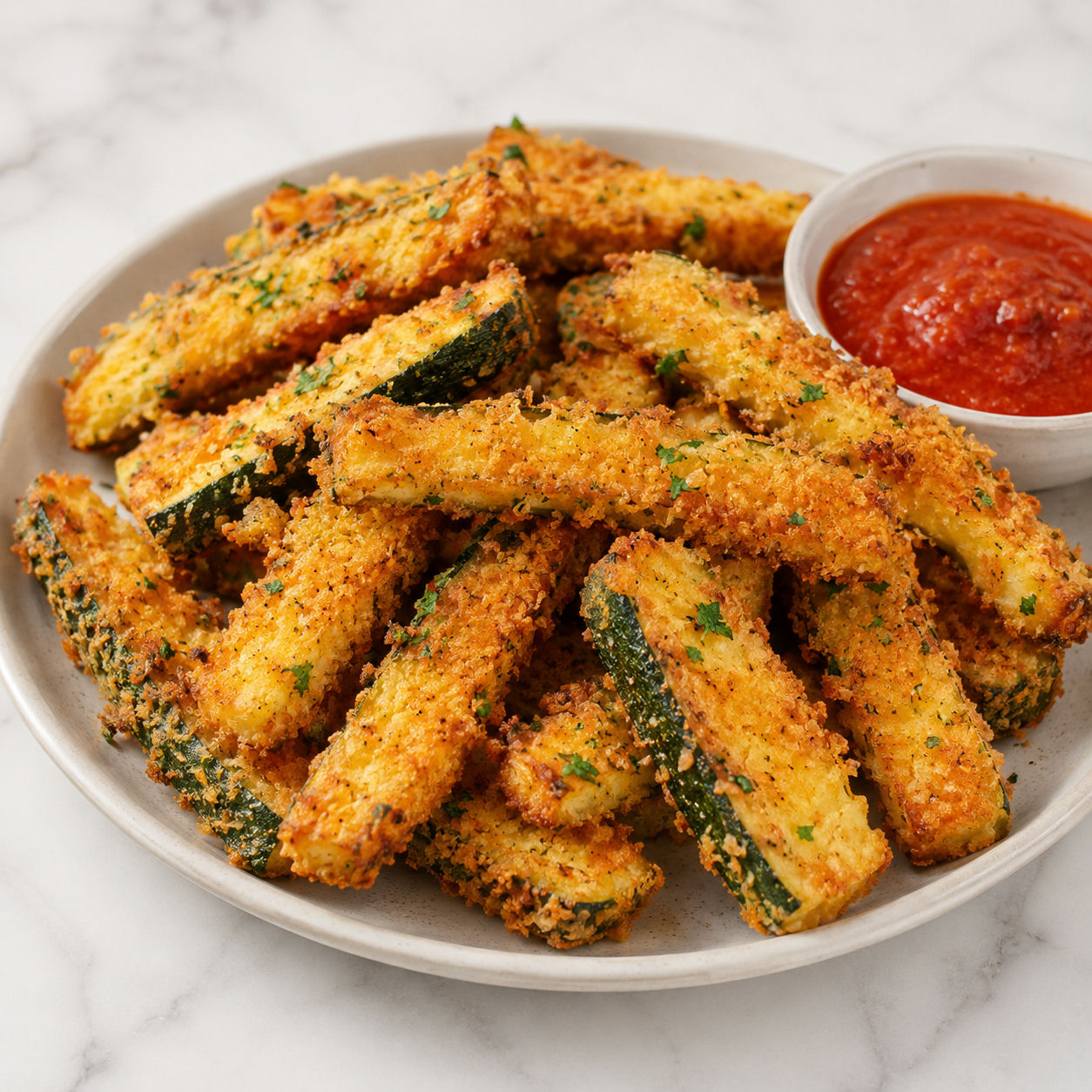Crunchy garlic Parmesan zucchini sticks with parsley and marinara