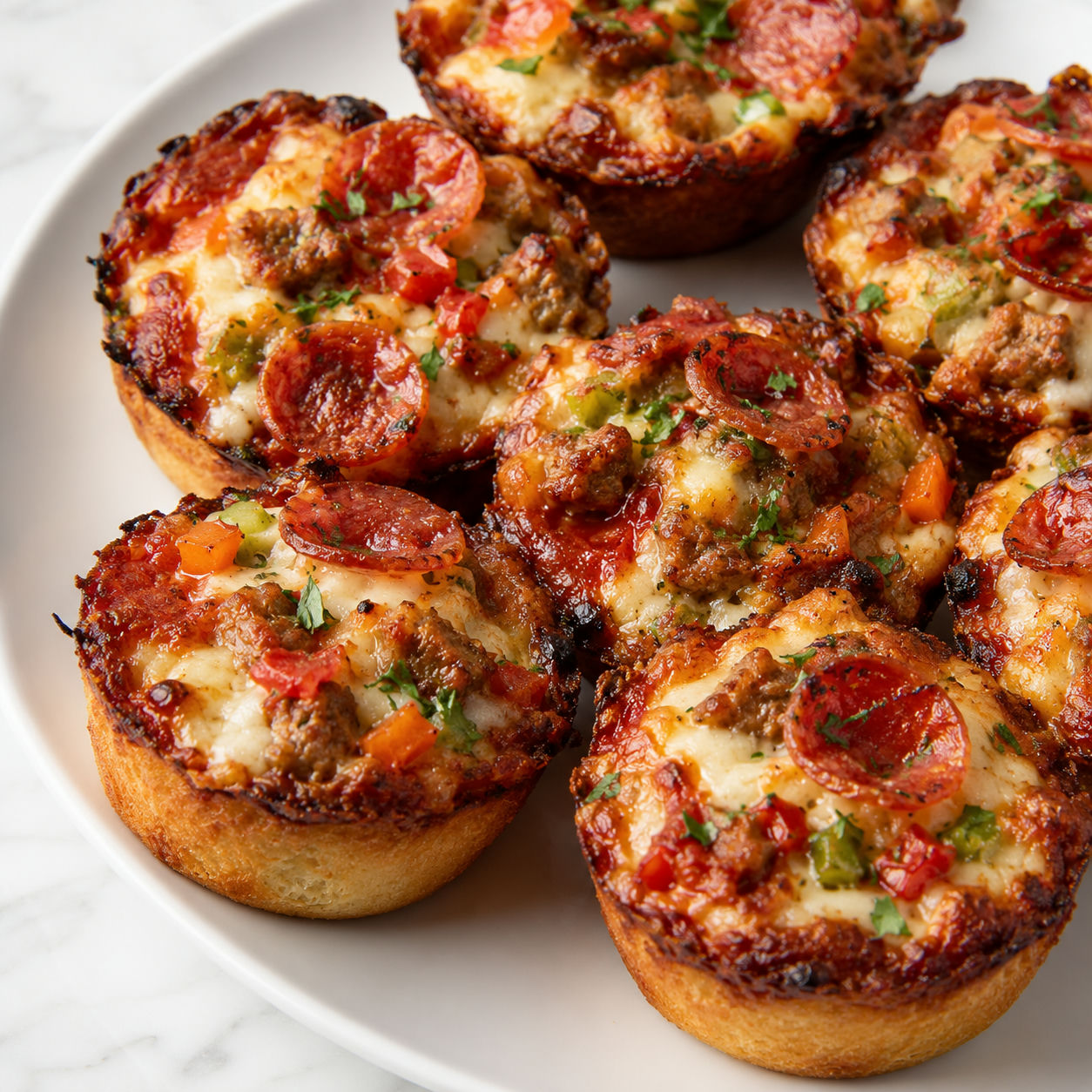 Deep dish pizza cupcakes with pepperoni, melted cheese, and parsley