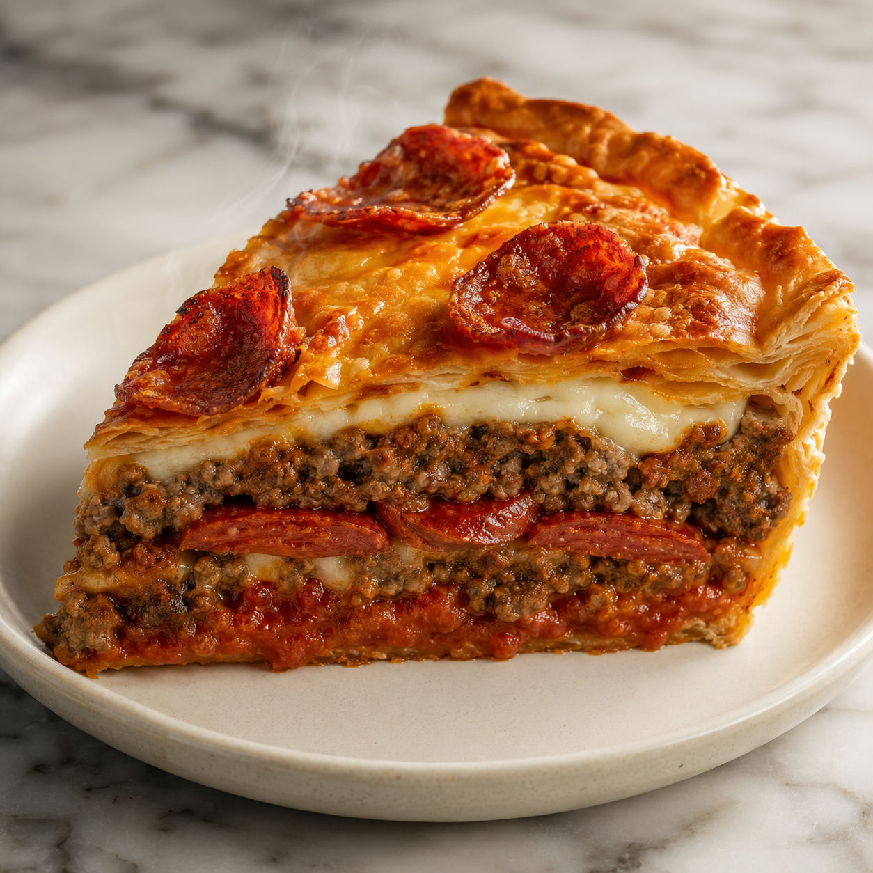 Thick wedge of deep hamburger sausage pepperoni pie showing meaty layers and golden flaky crust