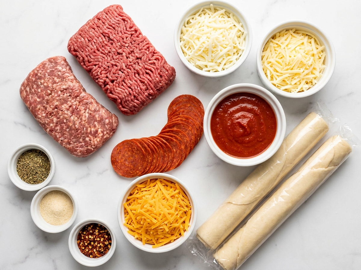 Raw ingredients for deep hamburger sausage pepperoni pie arranged on marble surface