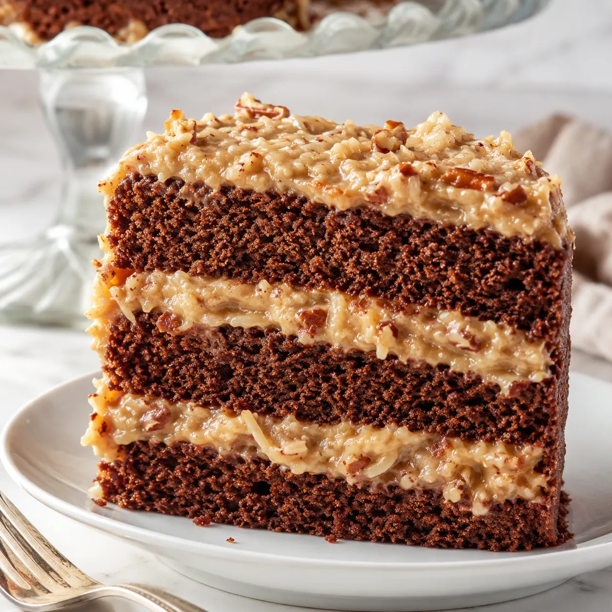 German chocolate cake slice with coconut pecan frosting and chocolate buttercream