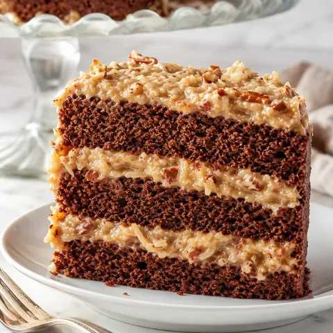 German chocolate cake slice with coconut pecan frosting and chocolate buttercream